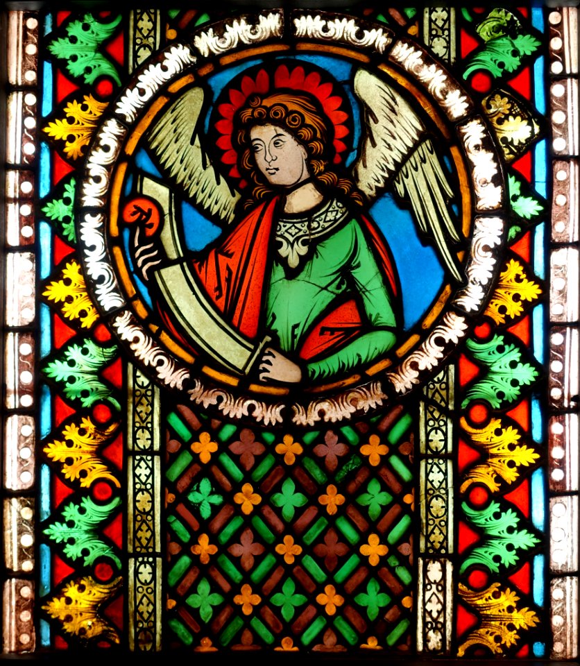 Angel with banderole, Germany, Rhenish school, c. 1230-1250 AD, stained glass, lead - Cinquantenaire Museum - Brussels, Belgium - DSC08845