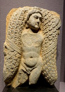 Angel with garland, Mardan, Pakistan, Kushan dynasty, 100s-200s AD, schist - Tokyo National Museum - Tokyo, Japan - DSC08640