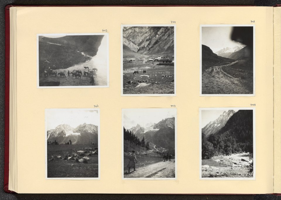 Albumblad met zes fotos. Linksboven de expeditie trekt over de lawinesneeuw bi, Bestanddeelnr 24 64