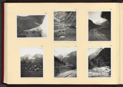 Albumblad met zes fotos. Linksboven de expeditie trekt over de lawinesneeuw bi, Bestanddeelnr 24 64