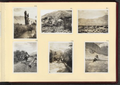 Albumblad met zes fotos. Linksboven Franz Brantschen te paard op een weg voorb, Bestanddeelnr 24 45