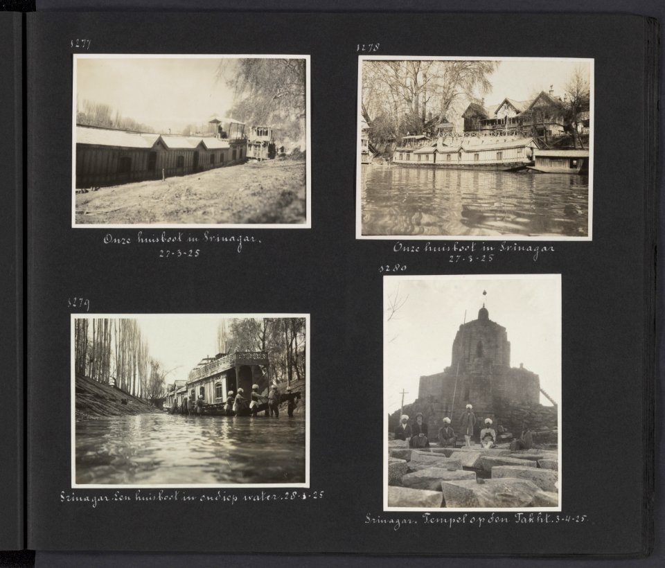 Albumblad met vier fotos. Linksboven de huisboot te Srinagar. Rechtsboven de , Bestanddeelnr 27 41