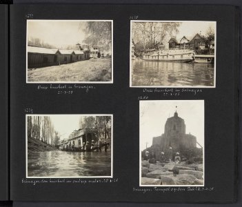 Albumblad met vier fotos. Linksboven de huisboot te Srinagar. Rechtsboven de , Bestanddeelnr 27 41
