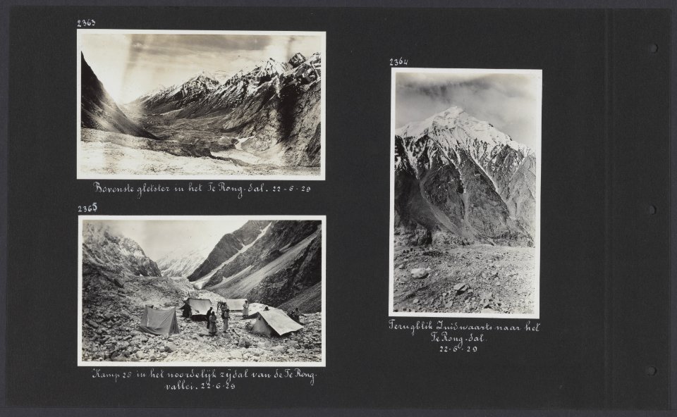 Albumblad met vier foto's van het uitzicht vanaf de Shelkar Chorten-gletsjer, Bestanddeelnr 32 80
