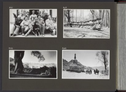 Albumblad met vier fotos linksboven gezelschap met expeditie leden. V.l.n.r. z, Bestanddeelnr 38 18