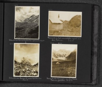 Albumblad met vier fotos. linksboven Uitzicht vanaf kamp 85 over de Batura-gle, Bestanddeelnr 29 39