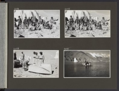 Albumblad met vier fotos. linksboven Groepsfoto met Philips Visser en de drage, Bestanddeelnr 38 41