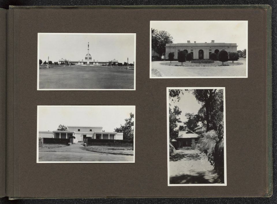 Albumblad met vier fotos. Linksboven gezicht op New delhi. Rechtsboven ambass, Bestanddeelnr 37 047