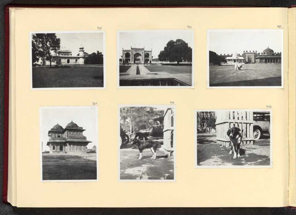 Albumblad met zes fotos. Linksboven en middenboven de Taj Mahal in Agra recht, Bestanddeelnr 24 72