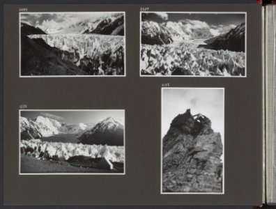 Albumblad met vier fotos. Linksboven de Singye-gletsjer, een zijgletsjer van h, Bestanddeelnr 39 04