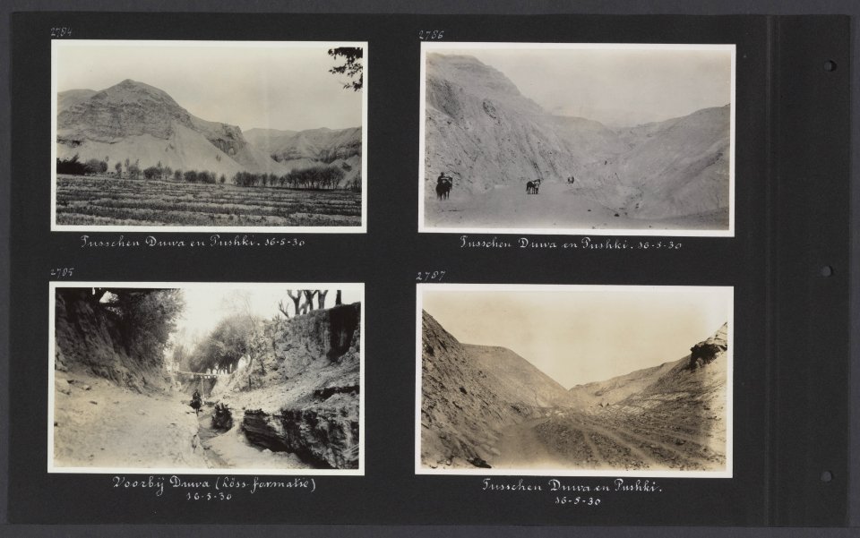 Albumblad met vier fotos. Linksboven gebergte tussen Duwa en Pushki. Rechtsbov, Bestanddeelnr 34 22