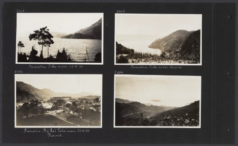 Albumblad met vier fotos. Linksboven en rechtsboven het Tobameer op Sumatra. L, Bestanddeelnr 34 86