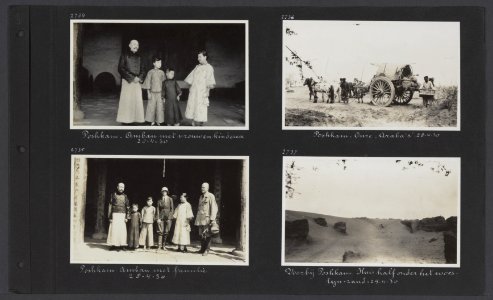 Albumblad met vier fotos. Linksboven een Amban met vrouw en kinderen in Poshka, Bestanddeelnr 34 07
