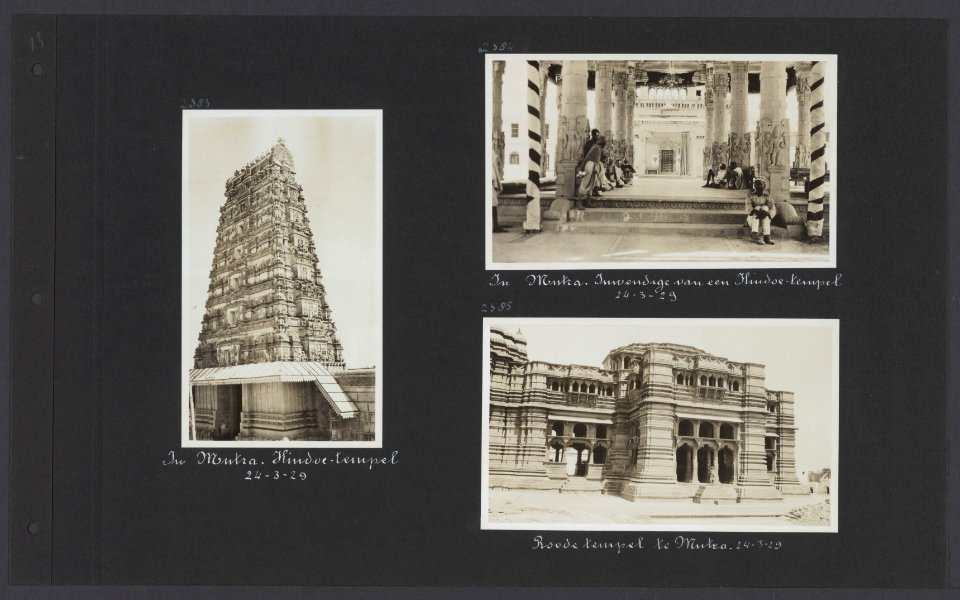 Albumblad met drie foto's. Links de hindoetempel in Mutra rechtsboven het int, Bestanddeelnr 32 27