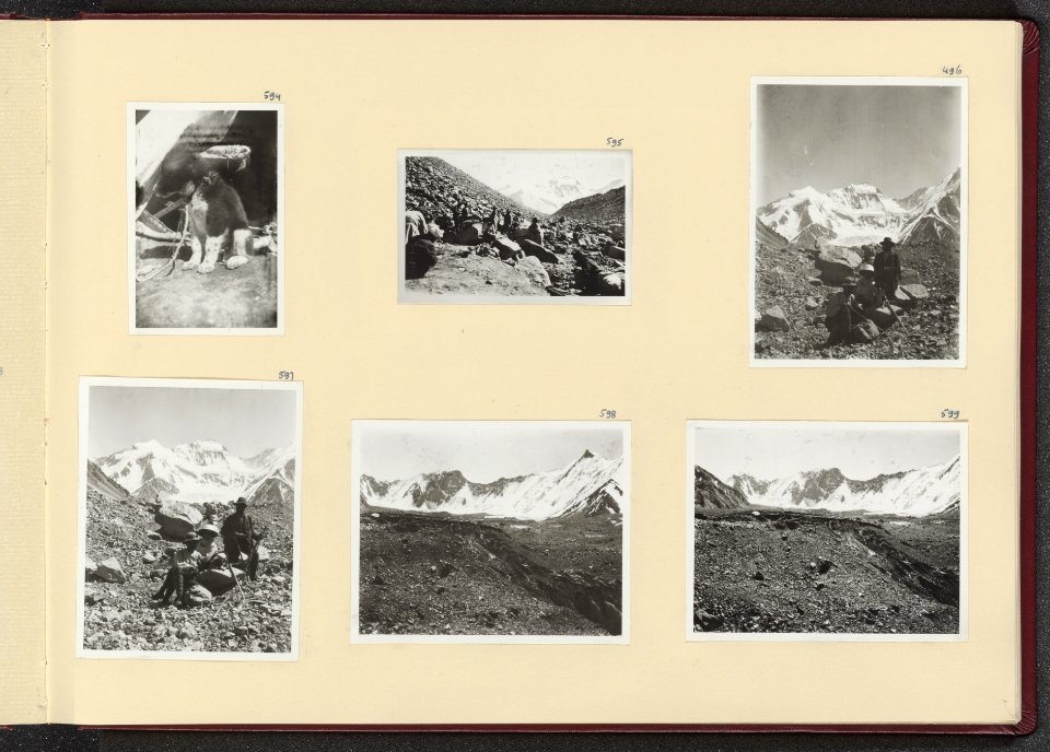 Albumblad met zes fotos. Linksboven de pup Tshi Tsering in kamp 4 middenboven, Bestanddeelnr 24 39