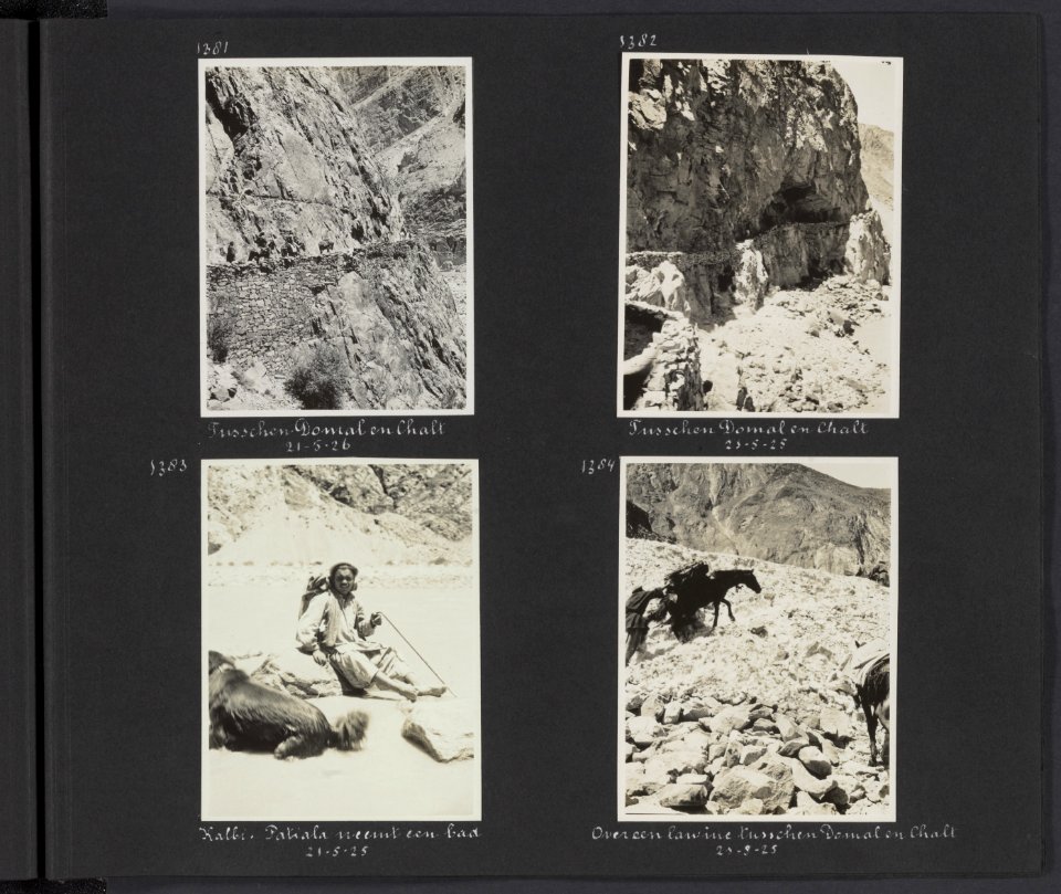 Albumblad met vier fotos. Linksboven het pad tussen Domal en Chalt. Rechtsbove, Bestanddeelnr 27 93