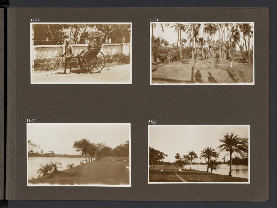 Albumblad met vier fotos. dame in een riksja met riksjatrekker. Rechtsboven do, Bestanddeelnr 36 27