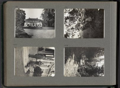 Albumblad met vier fotos. Linksboven groot huis, mogelijk de Nederlandse resid, Bestanddeelnr 21 24