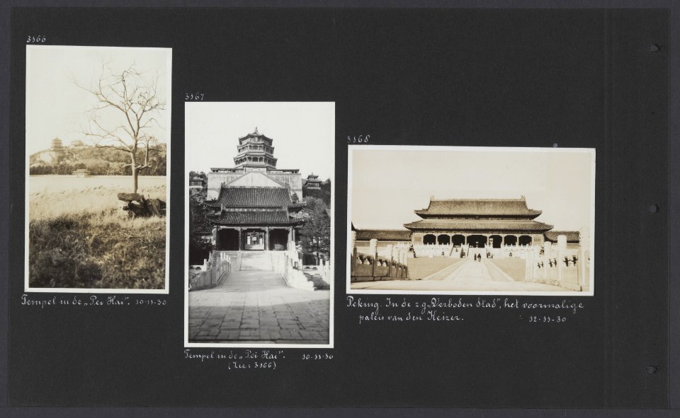 Albumblad drie fotos. Links de Pei Hai-tempel in Peking midden tempel de Pei, Bestanddeelnr 35 038