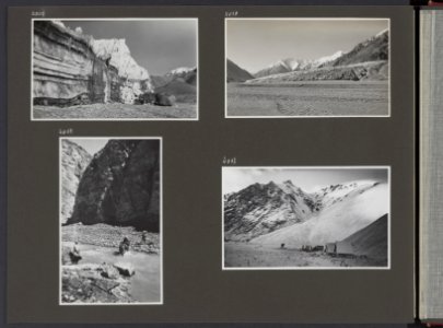 Albumblad met vier fotos. linksboven Gletsjertong van de Sultan Chhushku-glets, Bestanddeelnr 38 30