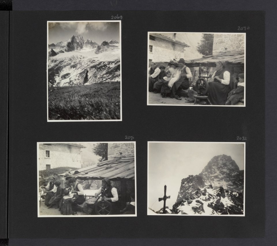 Albumblad met vier fotos. Linksboven gezicht op de besneeuwde Alpen in Zwitser, Bestanddeelnr 31 37