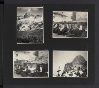 Albumblad met vier fotos. Linksboven gezicht op de besneeuwde Alpen in Zwitser, Bestanddeelnr 31 37