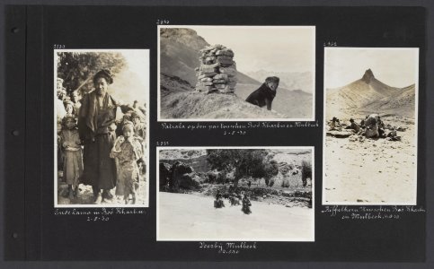 Albumblad met vier fotos. Links oude Lama in Bod Kharbu middenboven de hond , Bestanddeelnr 34 65