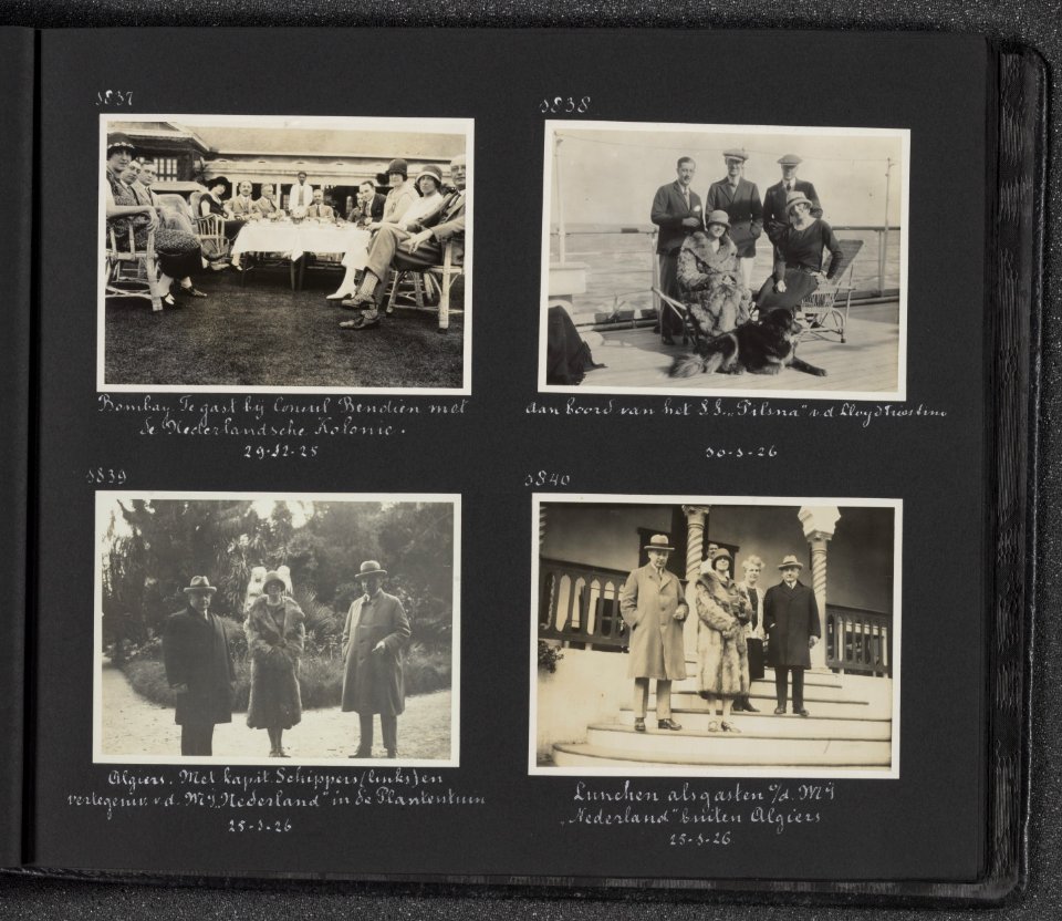 Albumblad met vier fotos. Linksboven het echtpaar Visser met de Nederlandse ko, Bestanddeelnr 30 19