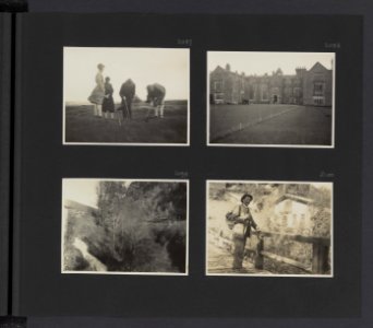 Albumblad met vier fotos. Linksboven croquetspelen in Engeland rechtsboven e, Bestanddeelnr 31 51