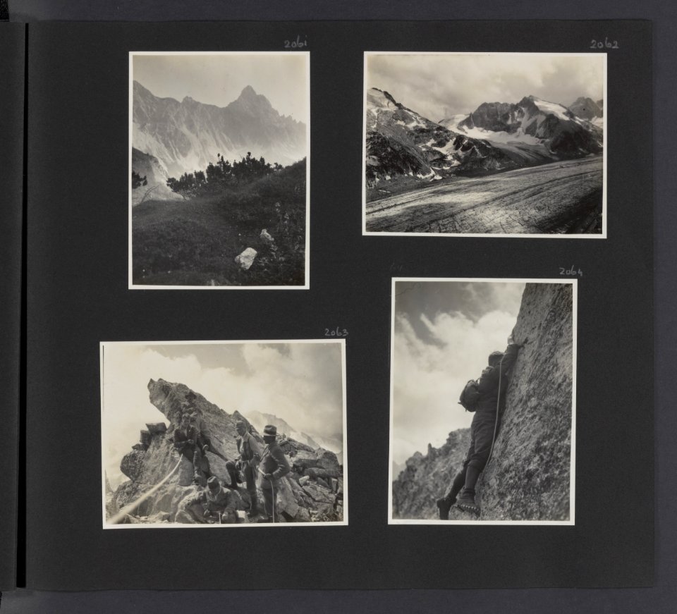 Albumblad met vier fotos. Linksboven en rechtsboven gezicht op besneeuwde berg, Bestanddeelnr 31 33