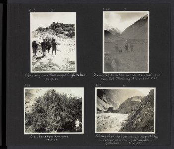 Albumblad met vier fotos. Linksboven een aantal expeditieleden bij de afdaling, Bestanddeelnr 28 99