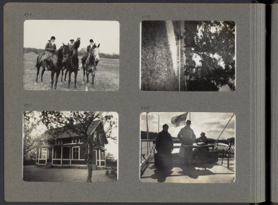 Albumblad met vier fotos. Linksboven heer met twee dames te paard. Rechtsboven, Bestanddeelnr 21 22