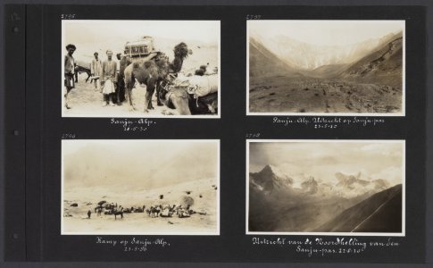 Albumblad met vier fotos. Linksboven een deel van de expeditie op de Sanju-pas, Bestanddeelnr 34 25
