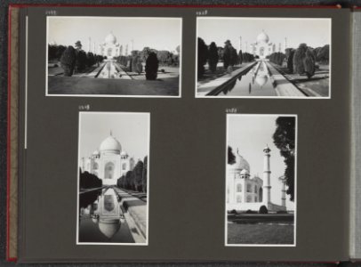 Albumblad met vier fotos. Linksboven gezicht op de Taj Mahal in Agra. Rechtsbo, Bestanddeelnr 40 18