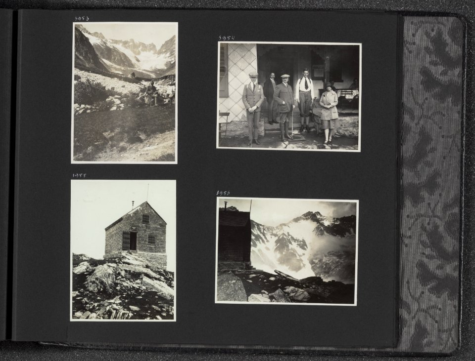 Albumblad met vier fotos. Linksboven Franz Lochmatter op weg naar de Dammahütt, Bestanddeelnr 30 77