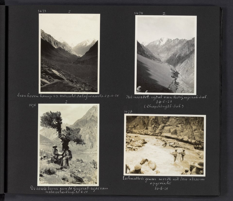 Albumblad met vier fotos. Linksboven boven kamp 34, richting daluitwaarts. Rec, Bestanddeelnr 28 39