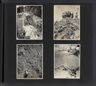 Albumblad met vier fotos. Linksbove het beklimmen van rotsen Zweden. Rechts, Bestanddeelnr 31 29
