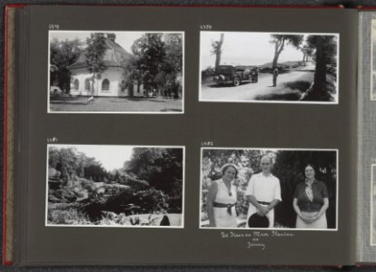 Albumblad met vier fotos kerkgebouw. Rechtsboven de auto van de Philips Visse, Bestanddeelnr 40 26
