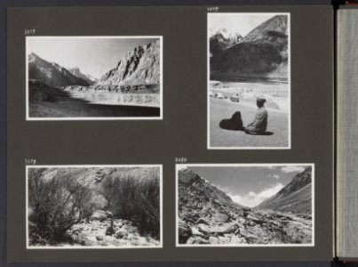 Albumblad met vier fotos. Linksboven het dal van de Shyok-rivier. Rechtsboven, Bestanddeelnr 38 22