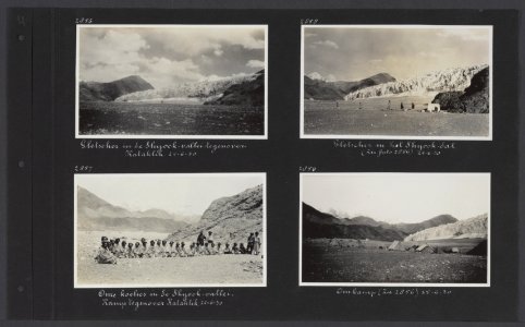 Albumblad met vier fotos. Linksboven Gletsjer in de Shyok-vallei tegenover Kat, Bestanddeelnr 34 43