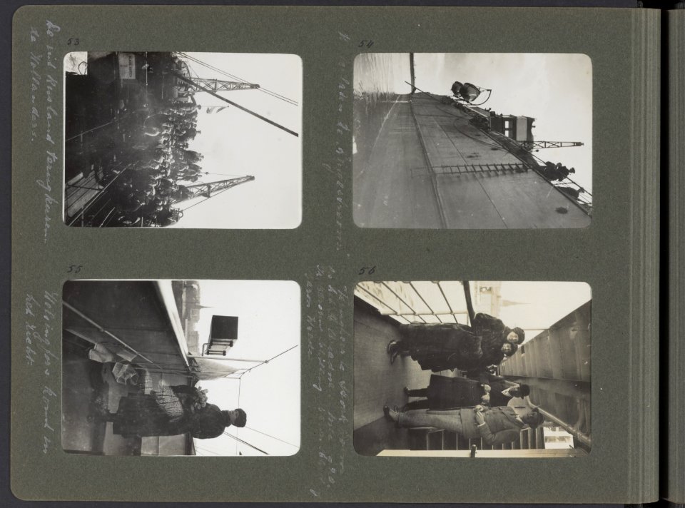 Albumblad met vier fotos. Linksboven gezelschap aan boord van een schip dat he, Bestanddeelnr 20 16