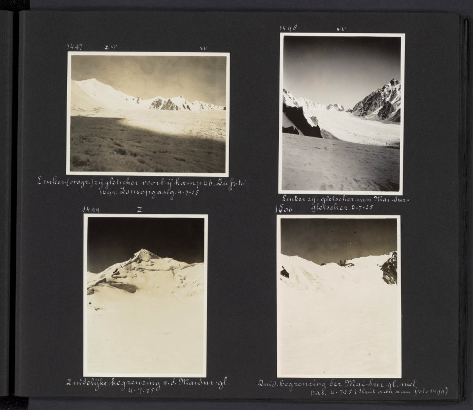 Albumblad met vier fotos. Linksboven een zijgletsjer aan de orografisch linker, Bestanddeelnr 28 51