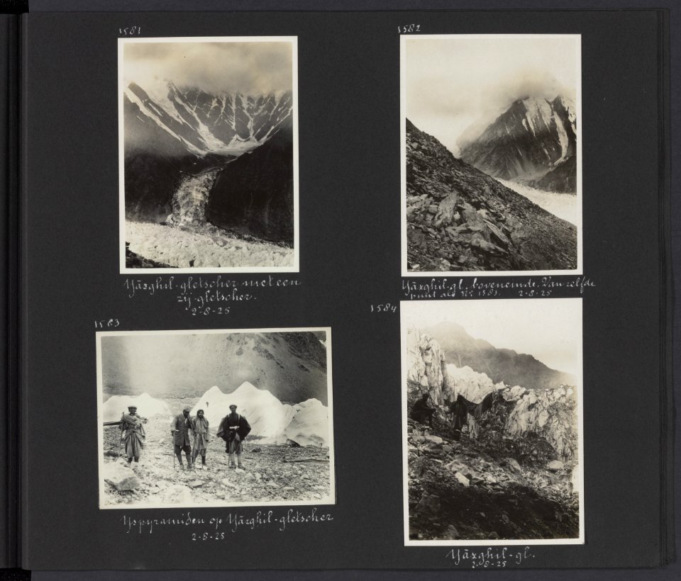 Albumblad met vier fotos. Linksboven zicht over de Yazghil-gletsjer met een zi, Bestanddeelnr 28 91