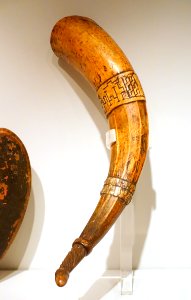 Ale horn, Bohuslan, undated, horn with carvings imitating metal mounts - Nordiska museet - Stockholm, Sweden - DSC09766
