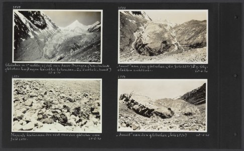 Albumblad met vier fotos. Linksboven twee gletsjertongen (snuit) in het vier, Bestanddeelnr 34 50