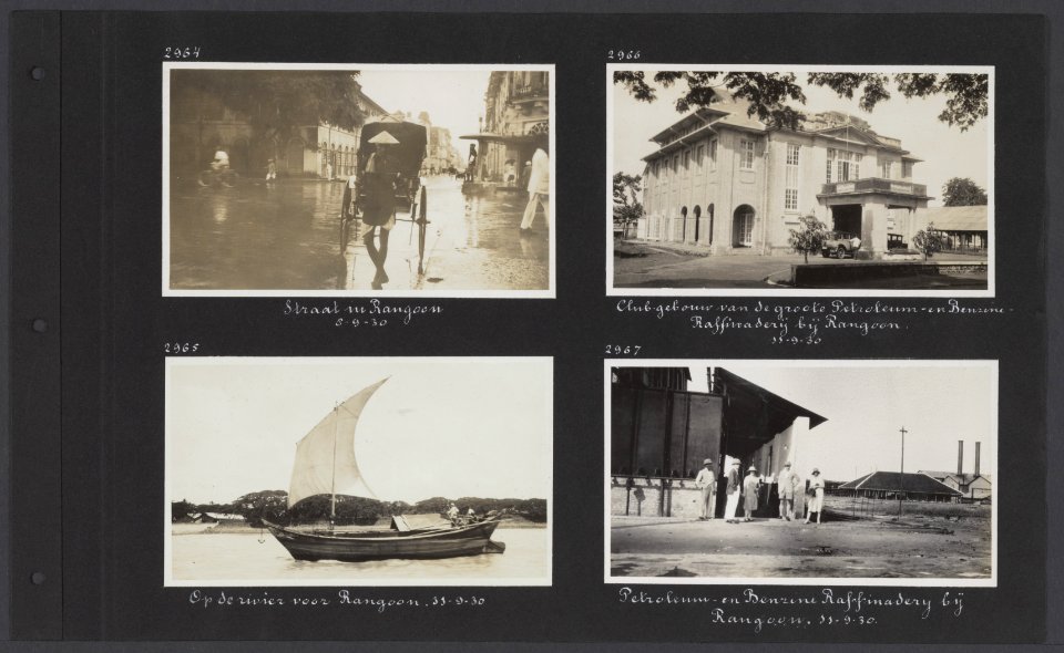 Albumblad met vier fotos. Linksboven straat in Rangoon in de regen linksonder, Bestanddeelnr 34 75