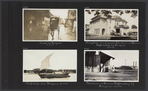 Albumblad met vier fotos. Linksboven straat in Rangoon in de regen linksonder, Bestanddeelnr 34 75
