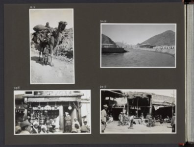 Albumblad met vier fotos. linksboven Nomaden met hun dromedaris. rechtsboven , Bestanddeelnr 38 06