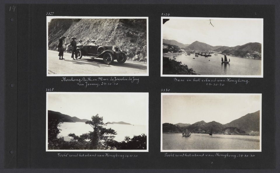 Albumblad met vier fotos. Linksboven Jenny Visser-Hooft in een auto met het ec, Bestanddeelnr 35 27