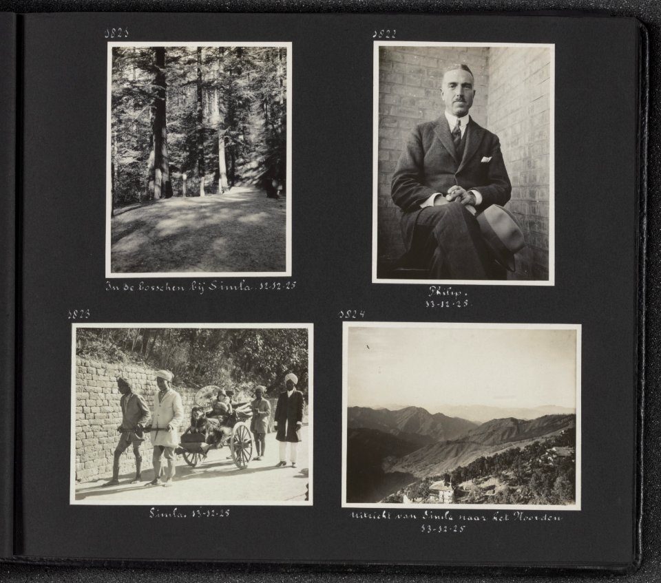 Albumblad met vier fotos. Linksboven in de bossen bij Simla. Rechtsboven Port, Bestanddeelnr 30 11